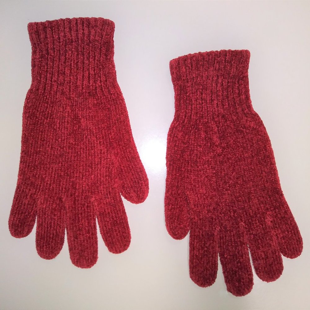 CHENILLE KNIT GLOVES - RED